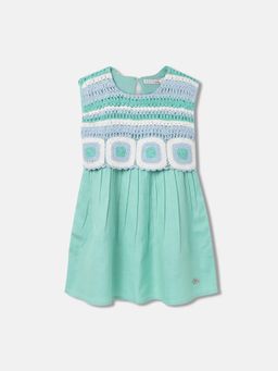ELLE - Kids Girls Green Self-Design Round Neck Sleeveless Dress