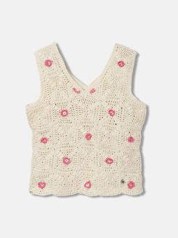 ELLE - Kids Girls Beige Self-Design V-Neck Sleeveless Top