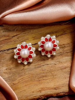Estele - Rhodium Plated Glamorous Pearl Stud Earrings with Red Enamel for Women
