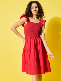 Buynewtrend - Red Ruffled Square Neck Smocked Knee Length Dresses