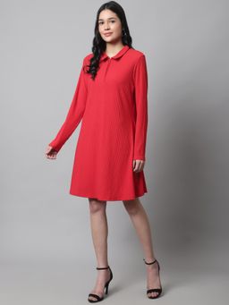 NOBARR - Viscose Blouson Full Sleeve Shirt Collar with Zipper Red Dress