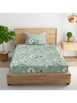 Swayam - Floral Green Single Bedsheet with Pillow Cover