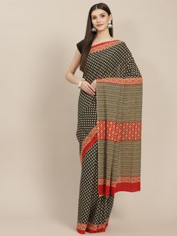 Yufta - Women Black Block Print Saree with Unstitched Blouse