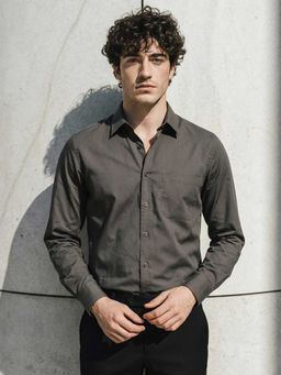 Louis Philippe - Mens Dark Grey Solid Easy to Iron Cotton Slim fit Formal Shirt
