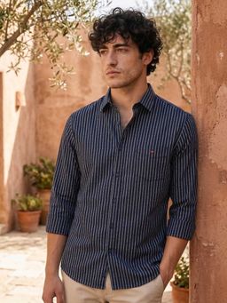 Louis Philippe - Mens Navy Stripe Easy Care Natural Stretch Slim fit Casual Shirt