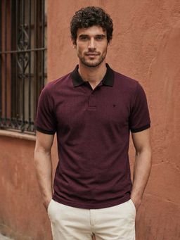 Louis Philippe - Men's Maroon Geometric Printed Polo T-shirt with Contrast Collar