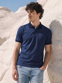 Louis Philippe - Men's Navy Geometric Printed Polo T-shirt with Contrast Collar