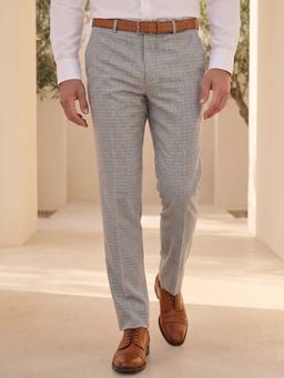 Louis Philippe - Men Grey Slim Fit Check Flat Front Formal Trousers