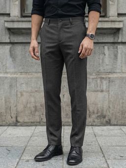 Louis Philippe - Men Grey Textured Flat Front Formal Trousers
