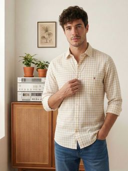 Louis Philippe - Mens Yellow Classic Dobby Checks Easy Care Slim fit Casual Shirt