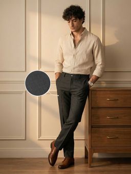 Louis Philippe - Men Grey Textured Flat Front Formal Trouser