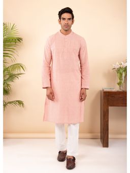 RATAN JAIPUR - Pink Regular Woven Cotton Full Sleeve Chinese Collar Long Kurta
