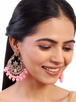 Accessher - Gold Plated Handcut Mirrors Studded Statement Dangle Earrings-Pink Beads