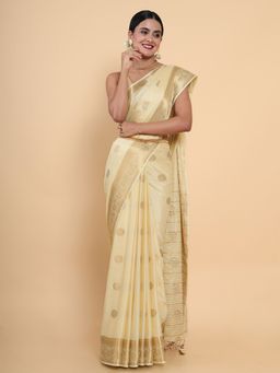 Mimosa - Women Traditional Kasavu Crepe Beige Saree with Unstitched Blouse