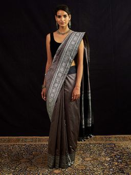 WeaverStory - Handloom Black And Grey Tanachi With Kadhwa Border with Unstitched
