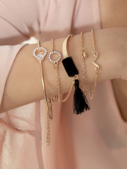 ToniQ - Set Of 5 Gold & Black Tassel Cuff Charm Bracelet For Women