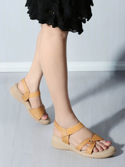 Carlton London - Tan Round Toe Hook & Loop Casual Women Sandals