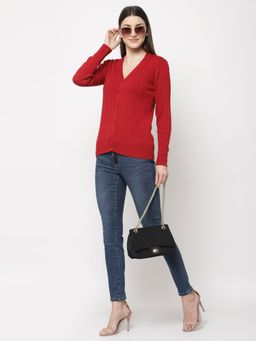 Club York - Women Red Ribbed Cardigan