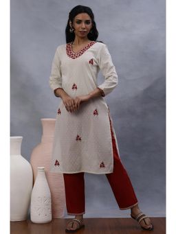 W - Women Cream Embroidered Cotton Straight Kurta