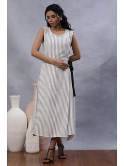 W - Women White Striped Print Cotton Straight Dress