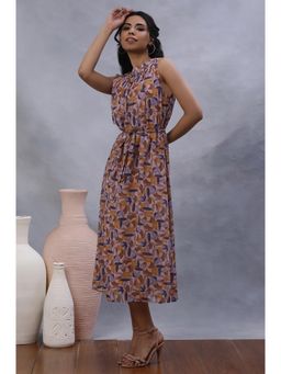 W - Women Multi-Color Printed Georgette Flared Dress with Belt (Set of 2)