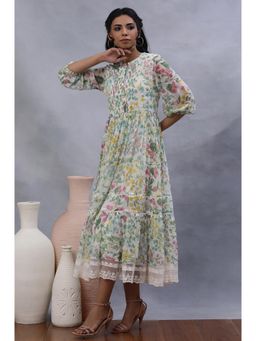 W - Women White Floral Print Chiffon Flared Dress