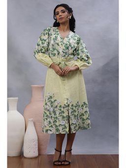 W - Women Yellow Floral Print Cotton A-Line Dress with Belt (Set of 2)