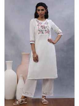 W - Women White Floral Print Cotton Straight Kurta