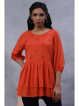 W - Women Orange Solid Viscose A-Line Top
