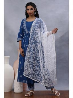 W - Women White Floral Print Brasso Dupatta