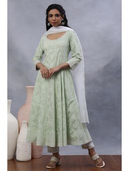W - Women Green Festive Floral Print Viscose Kurta with Slim Pant and Dupatta (Set of 3)