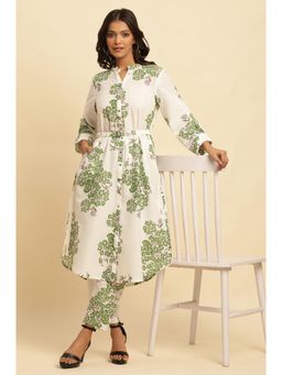 W - Women White Floral Print Cotton Kurta with Straight Pant with Belt (Set of 3)
