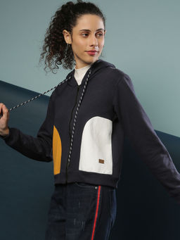 Campus Sutra - Navy Blue Women Colorblock Stylish Casual Sweatshirts