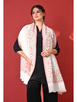 Mizash - Women Fine Wool Contrast Border Designer Soft Cream Stole