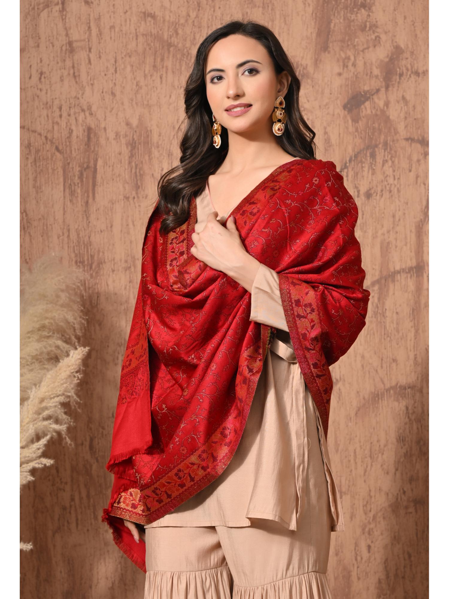 mizash Women Fine Wool Red Zari Floral Soft Stole-picture-13