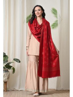 Mizash - Women Fine Wool Red Zari Designer Soft Stole
