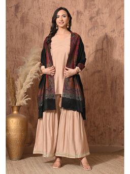 Mizash - Women Fine Wool Black With Border Designer Stole