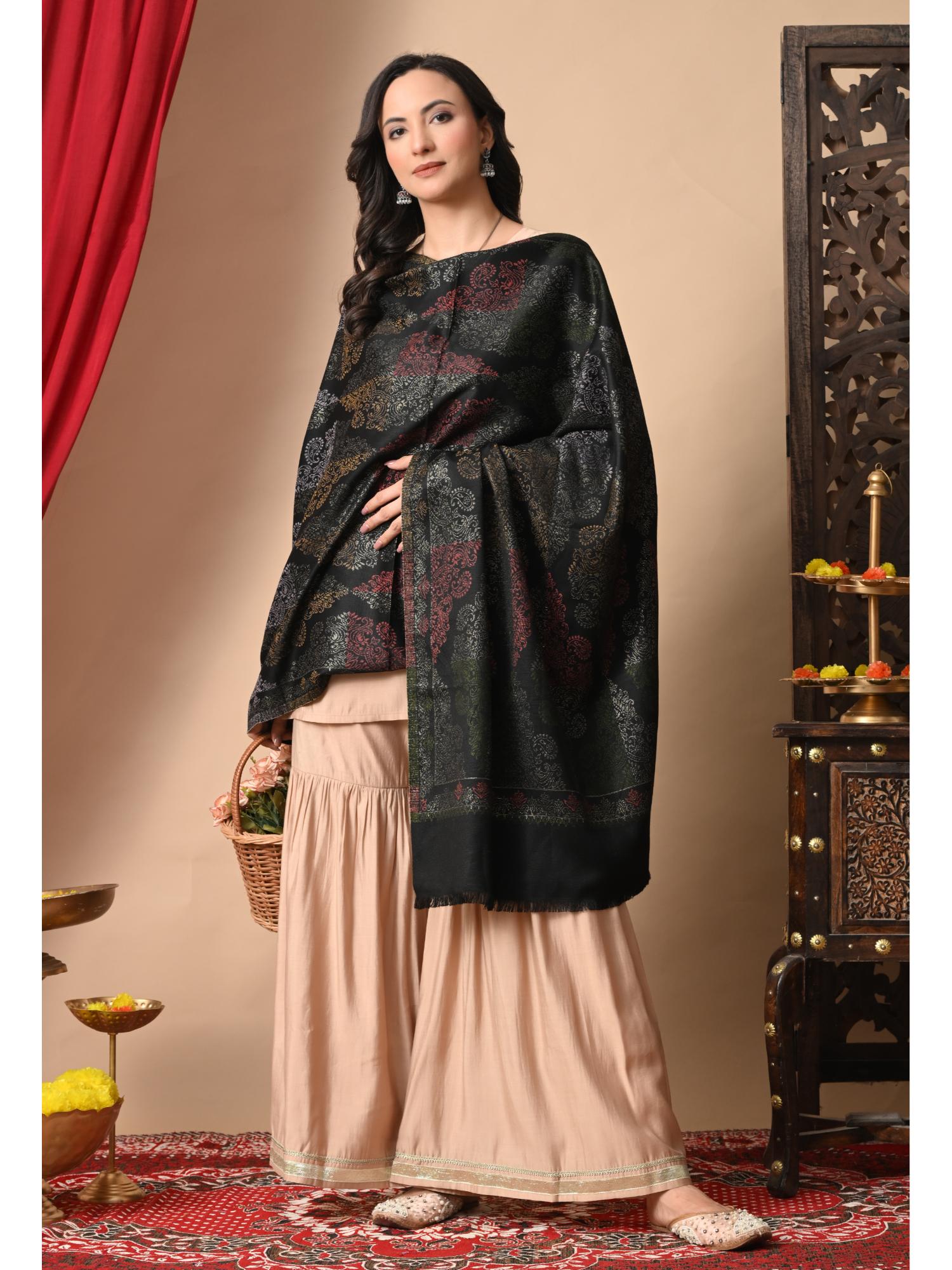 mizash Women Fine Wool Zari Floral Black Designer Stole-picture-28
