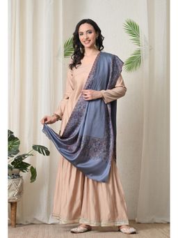 Mizash - Women Fine Wool Textured With Floral Border Pastel Blue Designer Stole