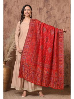 Mizash - Women Fine Wool Ethnic Weave With Mughal Figures Red Luxury Shawl