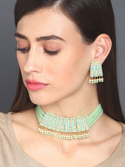 Sohi - Green Gold Plated Kundan Meenakari Jaipuri Choker (Set of 2)