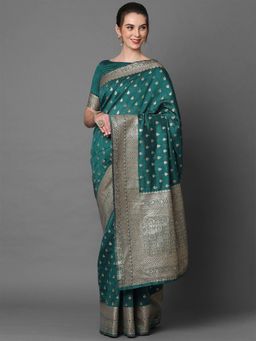Odette - Teal Blue Festive Silk Blend Woven Design Saree with Unstitched Blouse