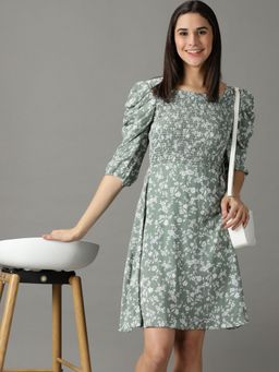 SHOWOFF - Women's Printed Square Neck Sea Green Mini Dress