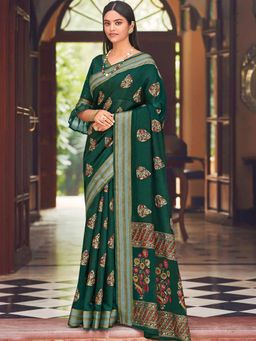 Odette - Womens Green Chanderi Printed Saree with Unstitched Blouse