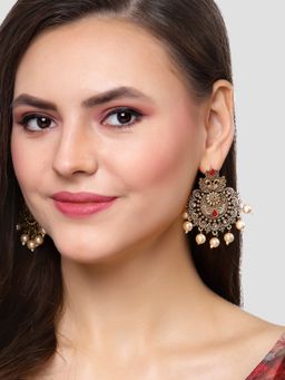 Karatcart - Gold Plated Red Floral Design Gloden Pearl Dangler Earrings for Women