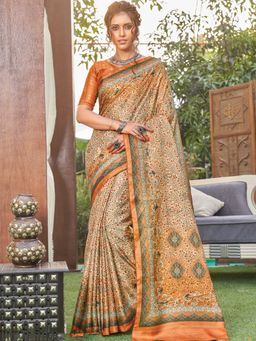 Akhilam - Womens Pashmina Silk Beige Printed Designer Saree with Unstitched Blouse