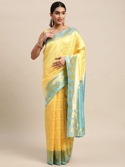 Shrithi Fashion Fab - Yellow Woven Design Kashida Art Silk Kanjeevaram Saree with Unstitched Blouse