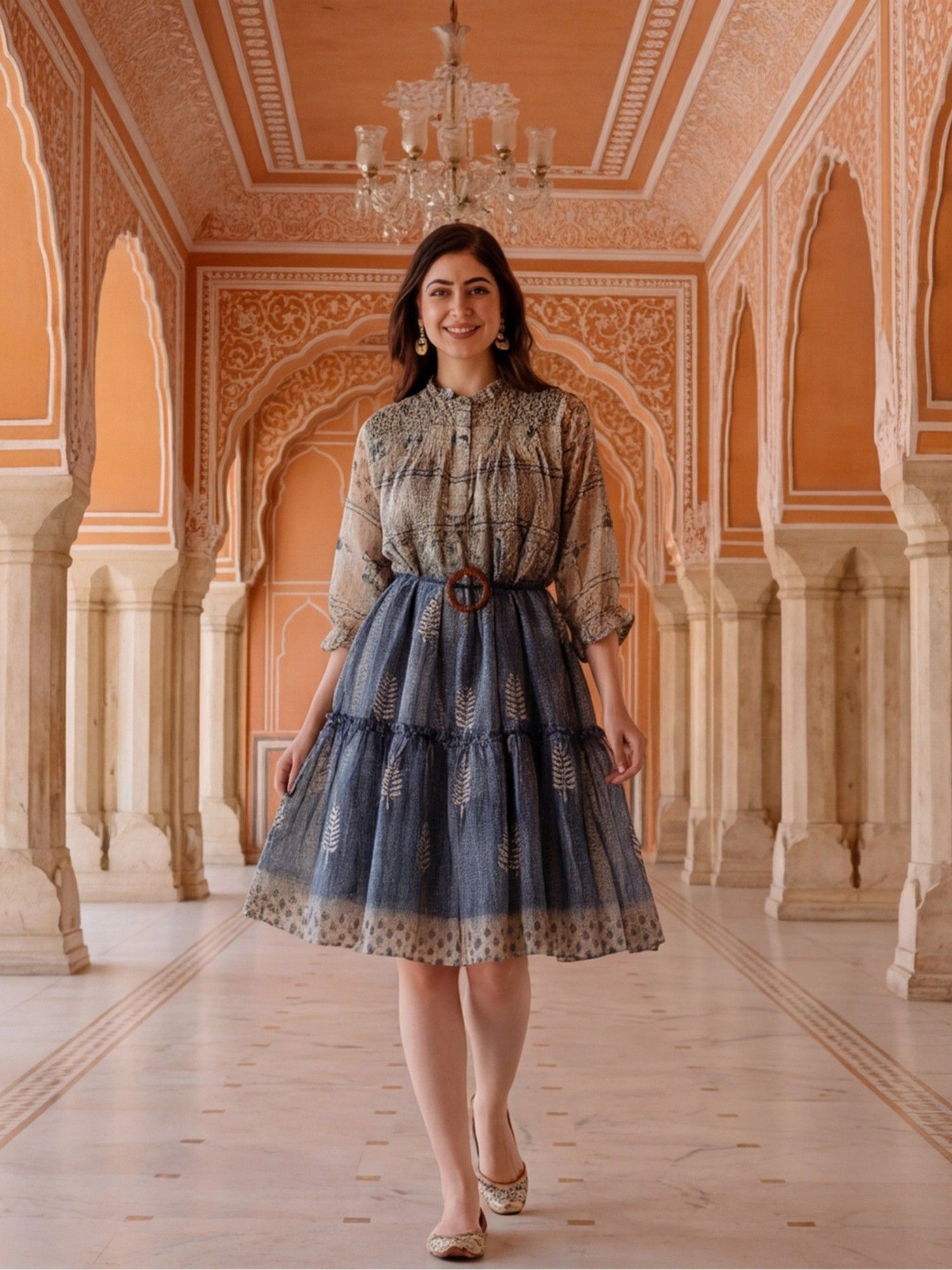 jaipur kurti Women Blue Floral Printed A-Line Cotton Blend Ethnic Dress-picture-43