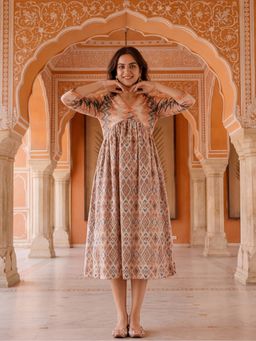 Jaipur Kurti - Women Peach Geometric Printed Gathered Dress