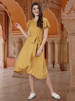 Jaipur Kurti - Women Yellow Self Weave Rayon Flared Dress With Belt